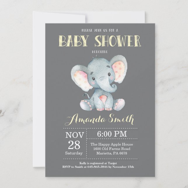 Invitation Baby shower éléphant Jaune et gris (Devant)