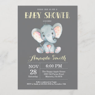Invitation Baby shower éléphant Jaune et gris