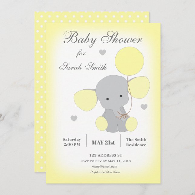Invitation Baby shower éléphant Jaune Neutre (Devant / Derrière)
