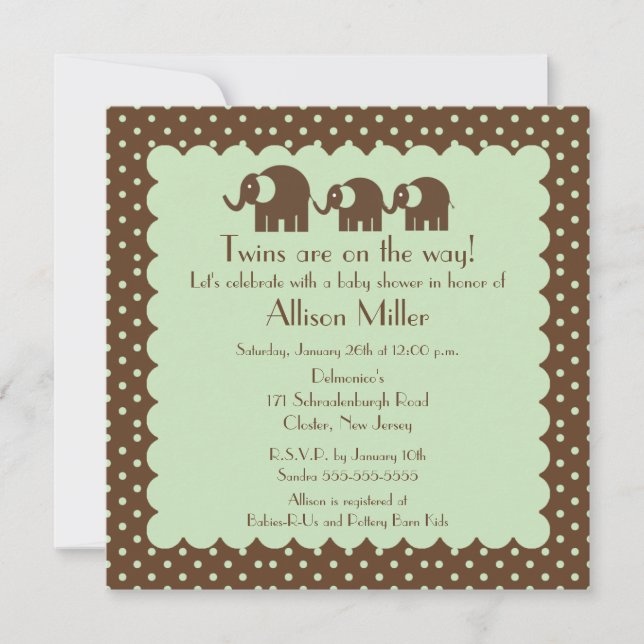 Invitation Baby shower éléphant Mama & Twins (Devant)