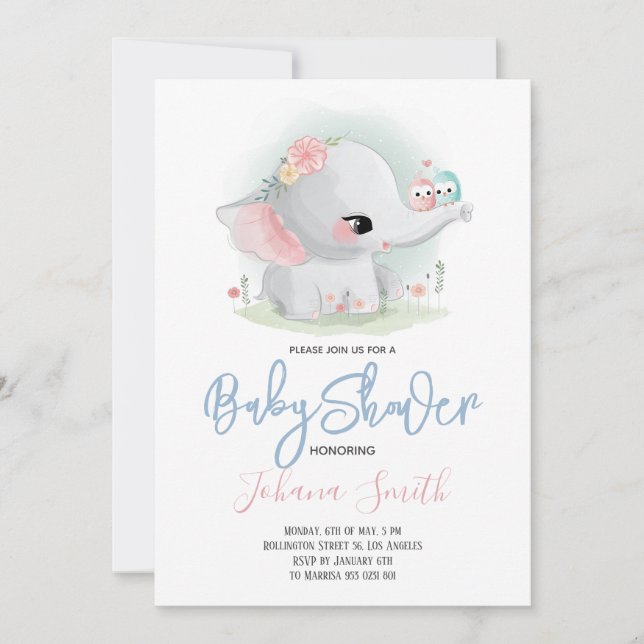 Invitation Baby shower Eléphant mignon (Devant)