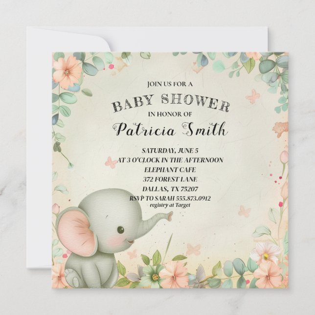 Invitation Baby shower Eléphant mignon (Devant)