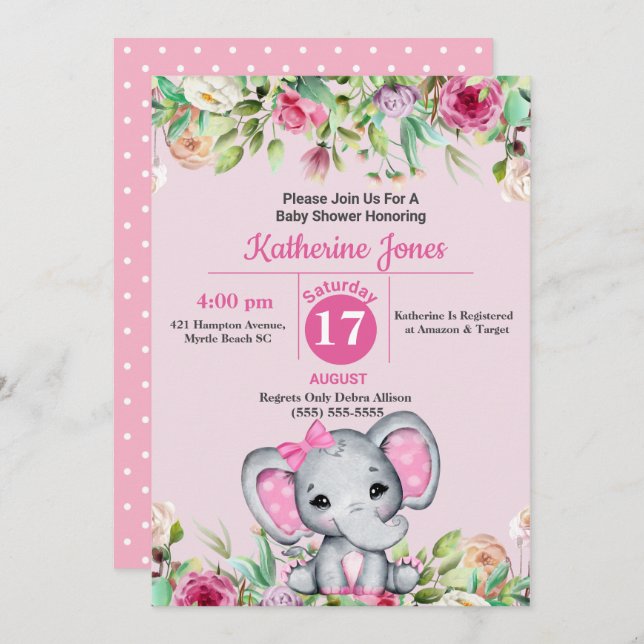 Invitation Baby shower Eléphant mignon (Devant / Derrière)
