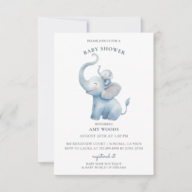 Invitation Baby Shower Éléphant Mignon à l'Aquarelle (Devant)