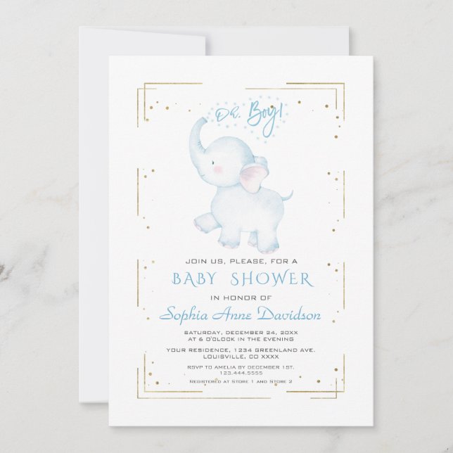 Invitation Baby Shower éléphant mignon paillettes dorées garç (Devant)