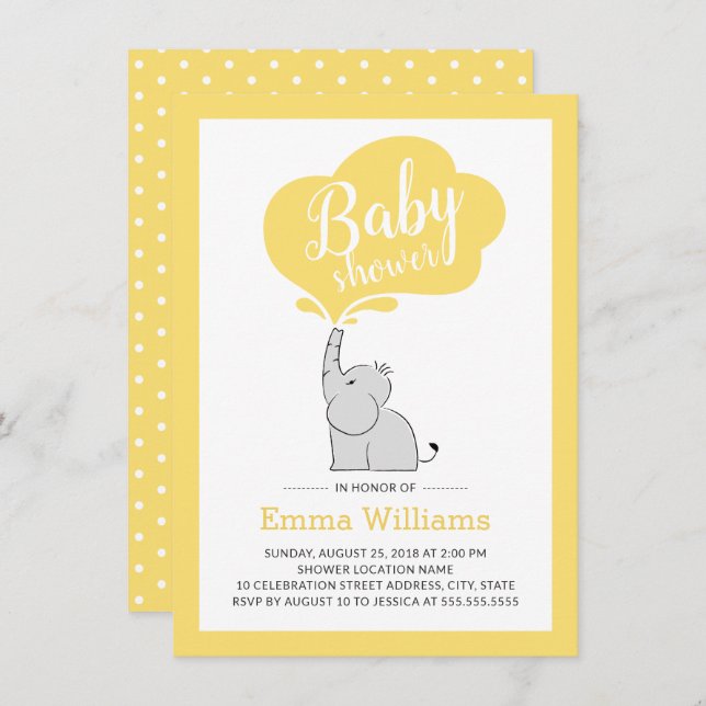 Invitation Baby shower éléphant moderne | jaune (Devant / Derrière)