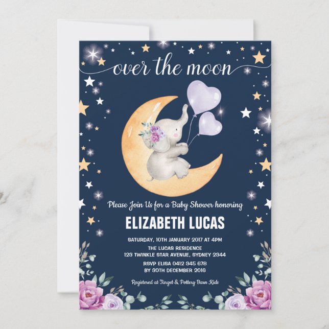 Invitation Baby shower Eléphant Moon Twinkle Little Stars (Devant)