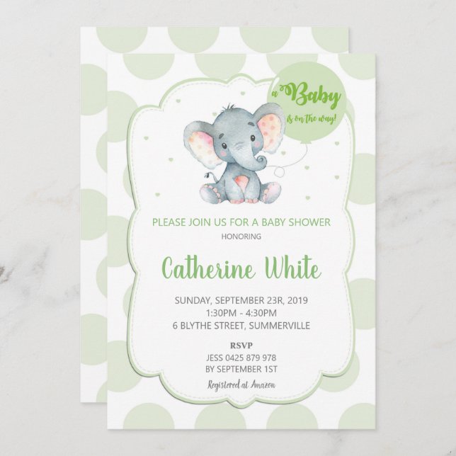 Invitation Baby shower éléphant Neutre genre (Devant / Derrière)