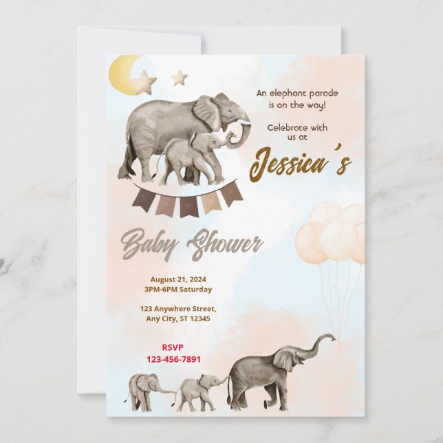 Invitation Baby shower Eléphant Parade (Devant)