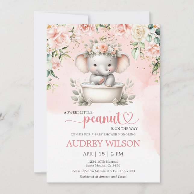 Invitation Baby shower éléphant Petite arachide sur le chemin (Devant)