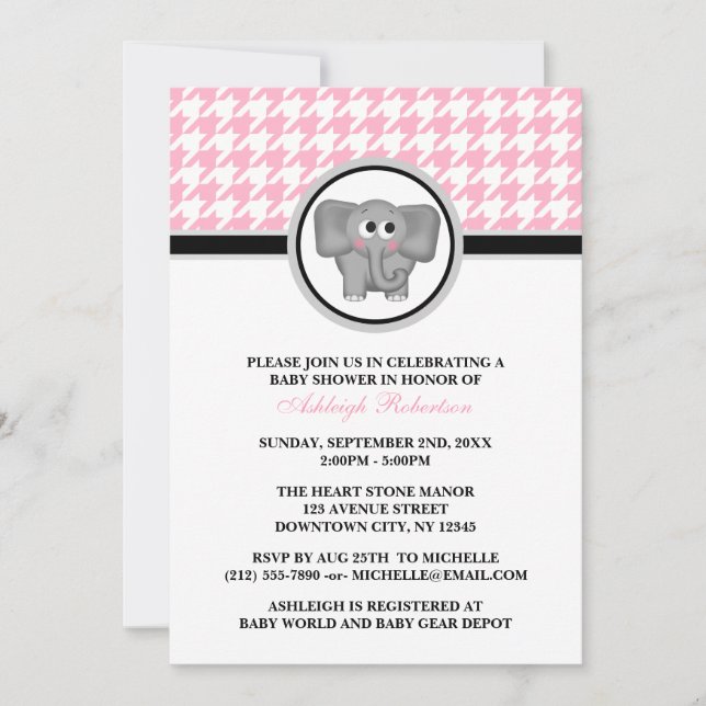 Invitation Baby shower Eléphant Pink & White Houndstooth (Devant)