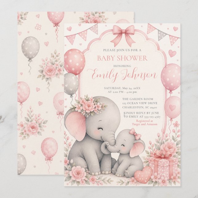Invitation Baby Shower Éléphant Rose (Devant / Derrière)