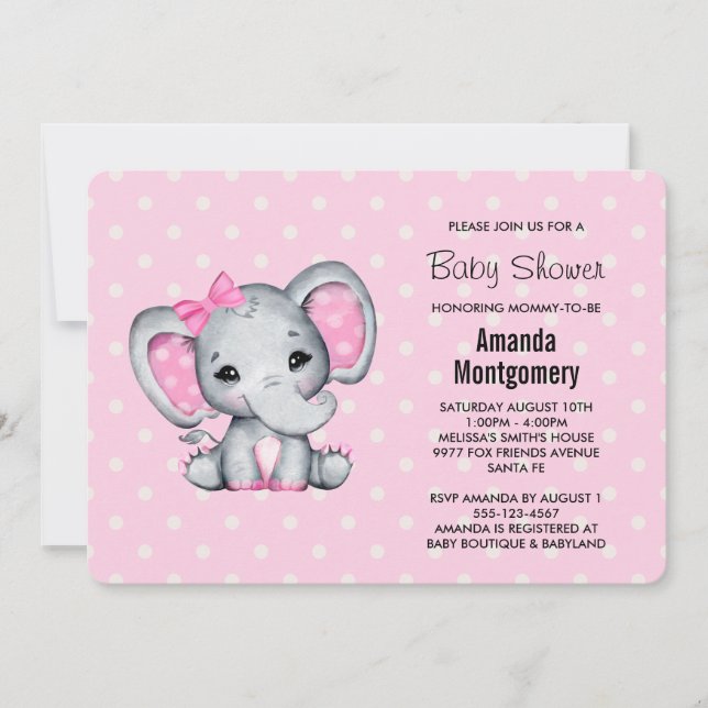 Invitation Baby Shower Éléphant Rose Bébé avec des Points Bab (Devant)