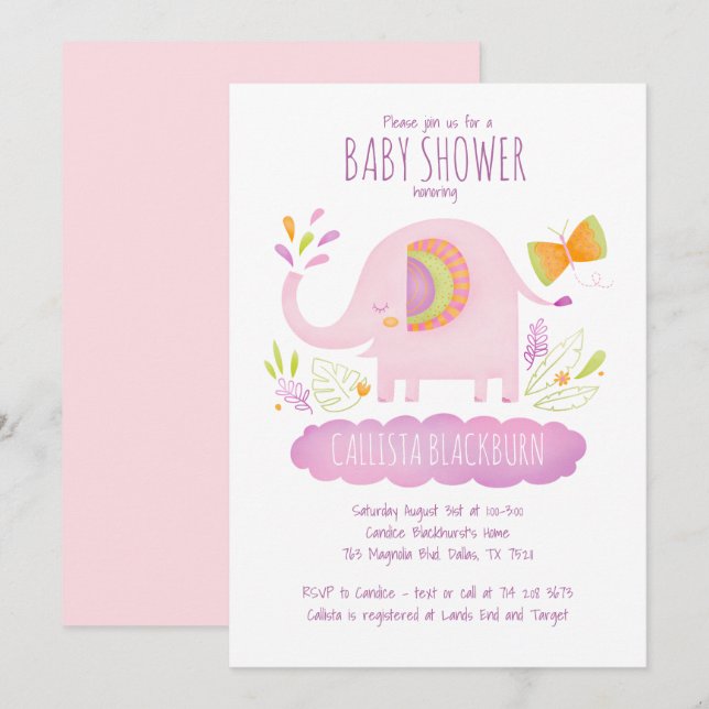Invitation Baby shower Eléphant Rose Cute fille (Devant / Derrière)