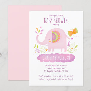 Invitation Baby shower Eléphant Rose Cute fille