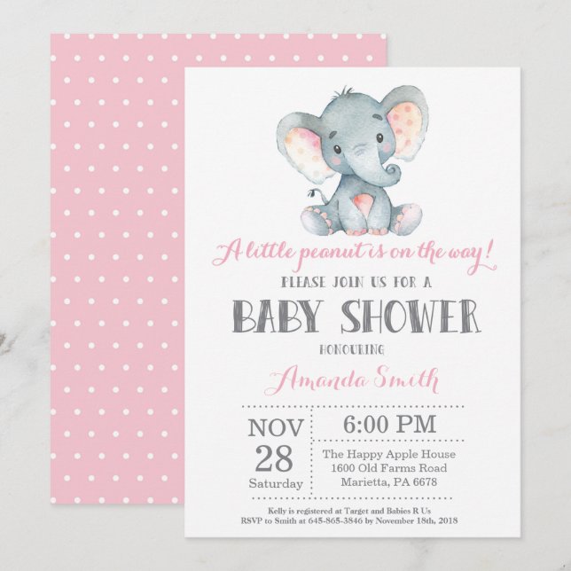 Invitation Baby shower éléphant rose et gris (Devant / Derrière)
