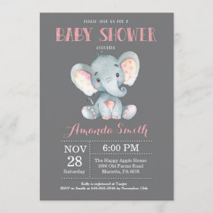 Invitation Baby shower éléphant rose et gris