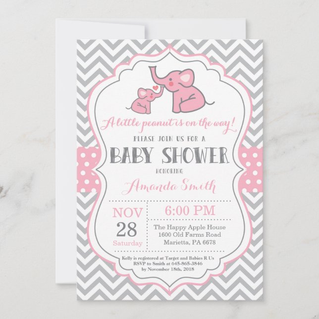 Invitation Baby shower éléphant rose et gris (Devant)