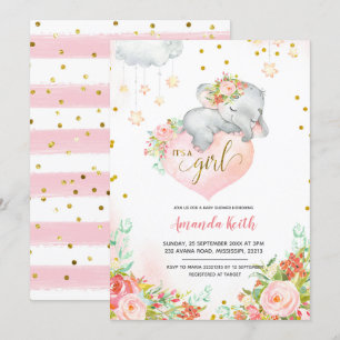 Invitation Baby shower Eléphant rose et or