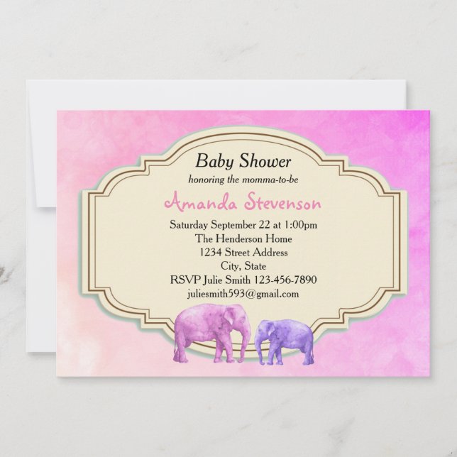 Invitation Baby Shower éléphant rose et violet à l'aquarelle (Devant)