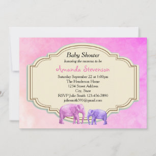Invitation Baby Shower éléphant rose et violet à l'aquarelle