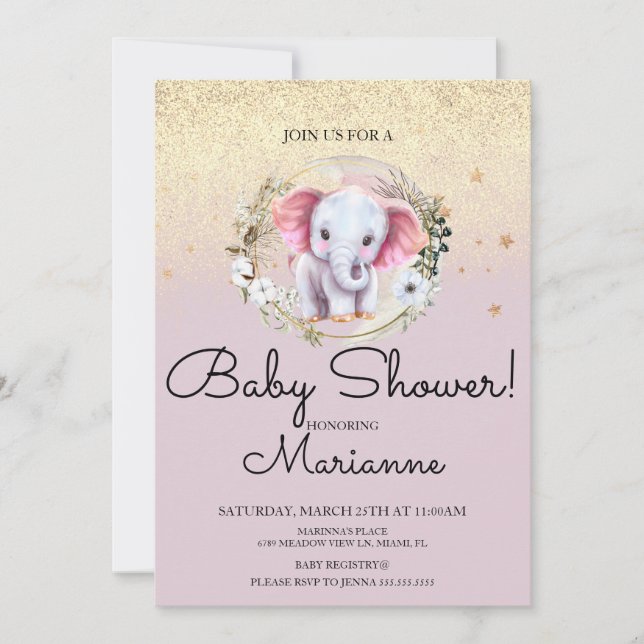 Invitation Baby shower Eléphant Rose Faux Parties scintillant (Devant)