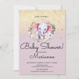 Invitation Baby shower Eléphant Rose Faux Parties scintillant