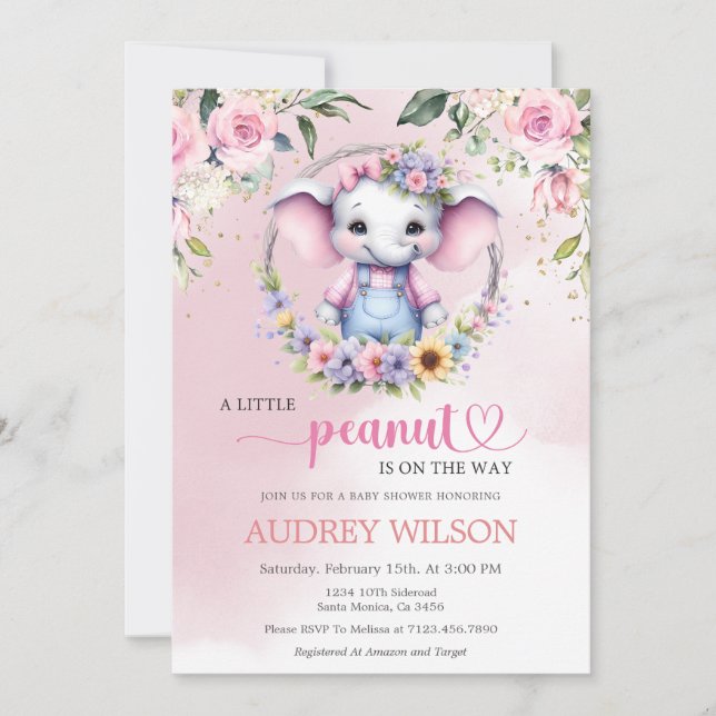 Invitation Baby shower éléphant rose floral (Devant)