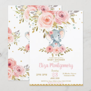 Invitation Baby shower éléphant Rose Floral Girl