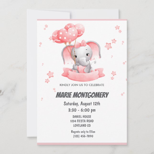 Invitation Baby shower Eléphant rose pâle (Devant)