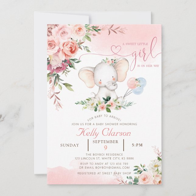 Invitation Baby shower Eléphant rose pâle (Devant)