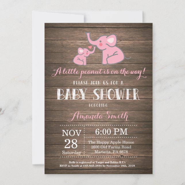 Invitation Baby shower éléphant rose rustique (Devant)