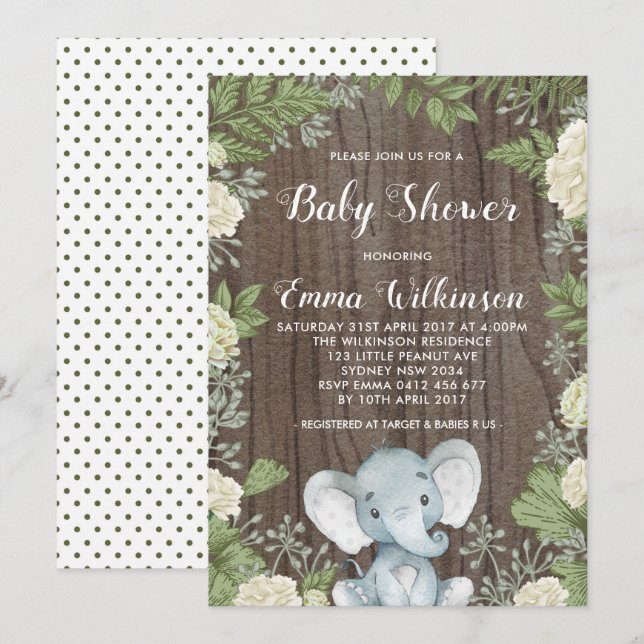 Invitation Baby shower éléphant rustique Botanique (Devant / Derrière)