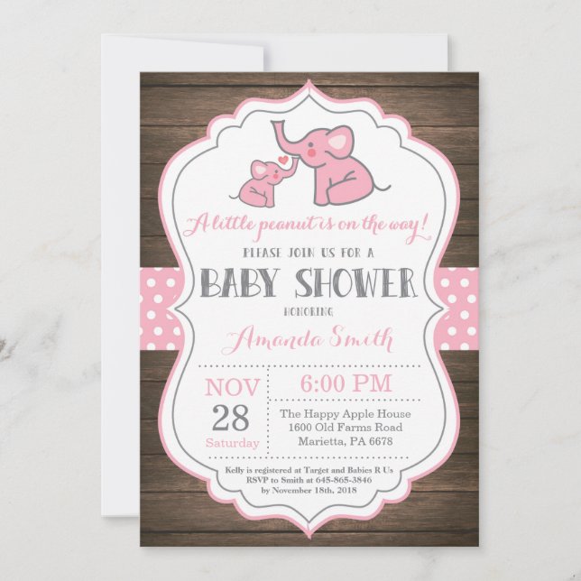 Invitation Baby shower Eléphant Rustique rose (Devant)