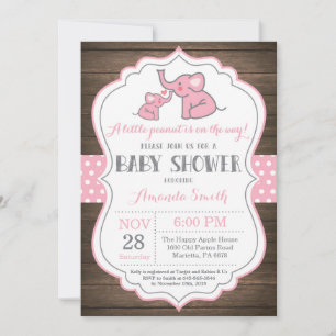 Invitation Baby shower Eléphant Rustique rose