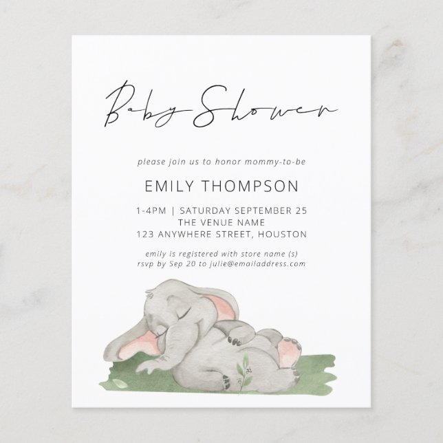 Invitation Baby shower Eléphant Script Budget (Devant)