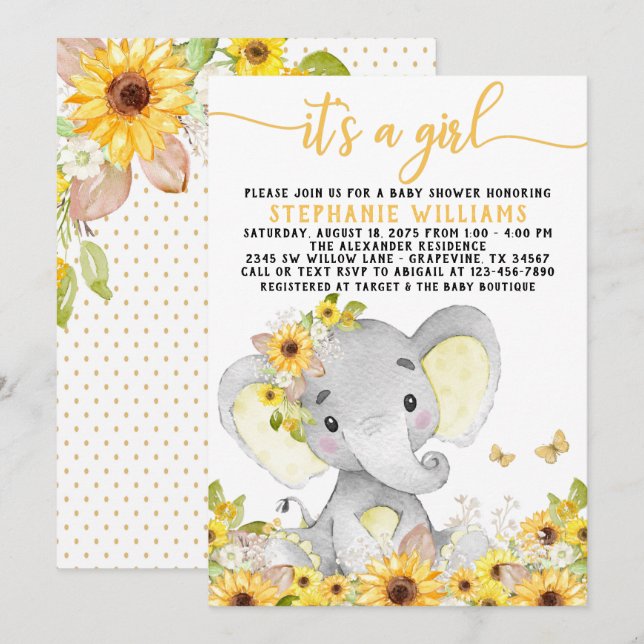 Invitation Baby Shower Éléphant Tournesol (Devant / Derrière)