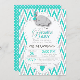 Invitation Baby shower Eléphant Turquoise, Blanc & Gris