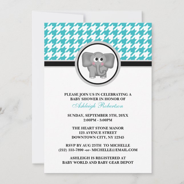 Invitation Baby shower Eléphant Turquoise & White Houndstooth (Devant)