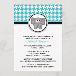 Invitation Baby shower Eléphant Turquoise & White Houndstooth