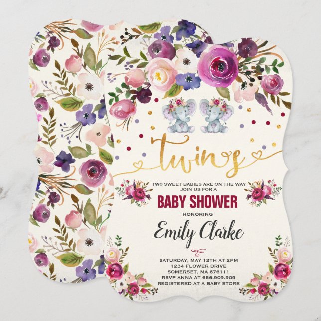 Invitation Baby shower Eléphant Twin Girl (Devant / Derrière)