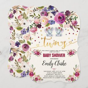 Invitation Baby shower Eléphant Twin Girl