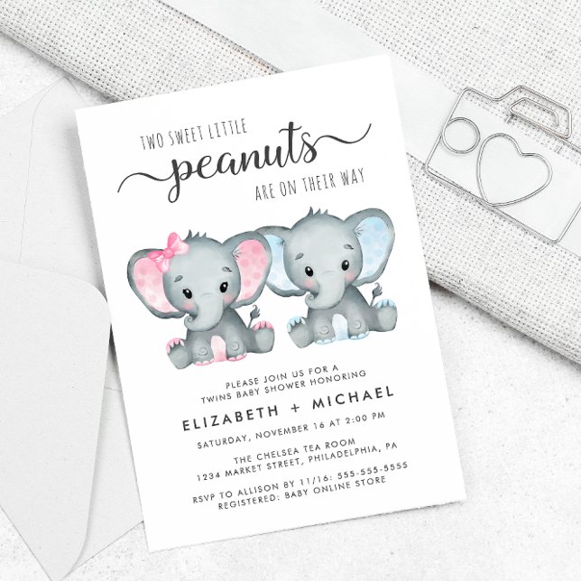 Invitation Baby shower Elephant Twin Girl Boy Couples (Créateur téléchargé)