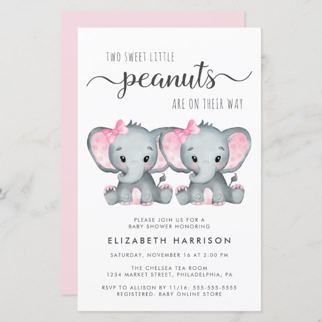 Invitation Baby shower Eléphant Twin Girls Budget (Devant / Derrière)