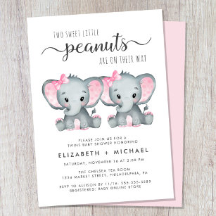 Invitation Baby shower Eléphant Twin Girls Couples