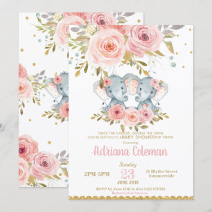 Invitation Baby shower Eléphant Twin Girls Floral
