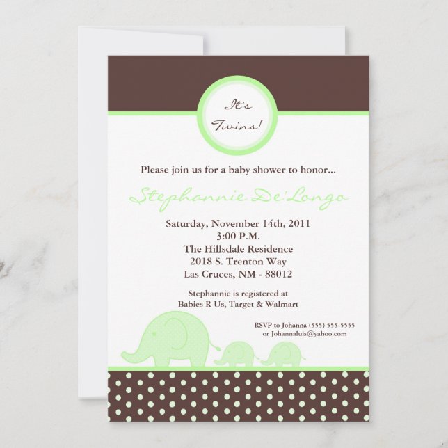 Invitation Baby shower éléphant TWINS Mod Gree 5x7 (Devant)