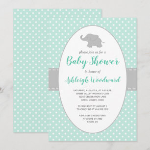 Invitation Baby Shower Éléphant Vert Menthe Gris à pois