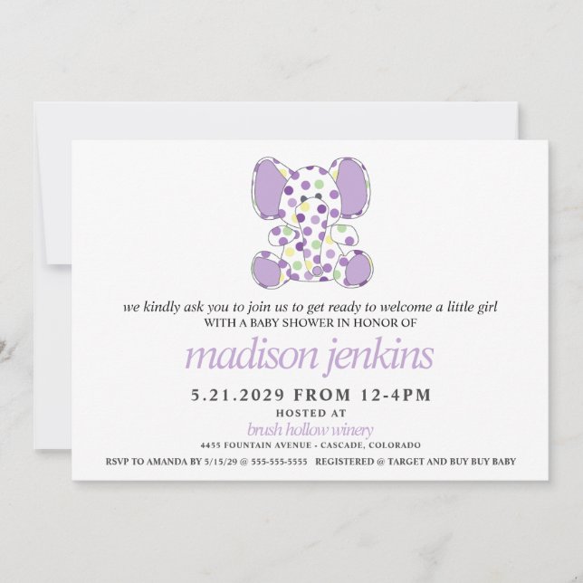 Invitation Baby shower Eléphant Violet (Devant)