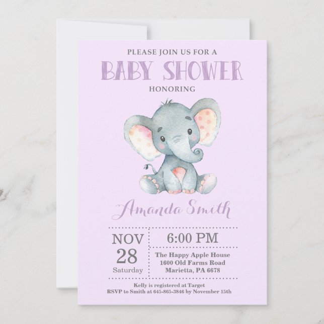 Invitation Baby shower éléphant violet et gris (Devant)